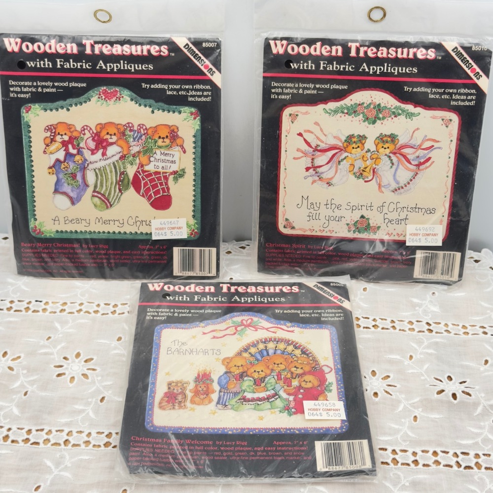 Dimensions Wooden Treasures Lucy Rigg Christmas Bear Applique Kits 1994 Set of 3
